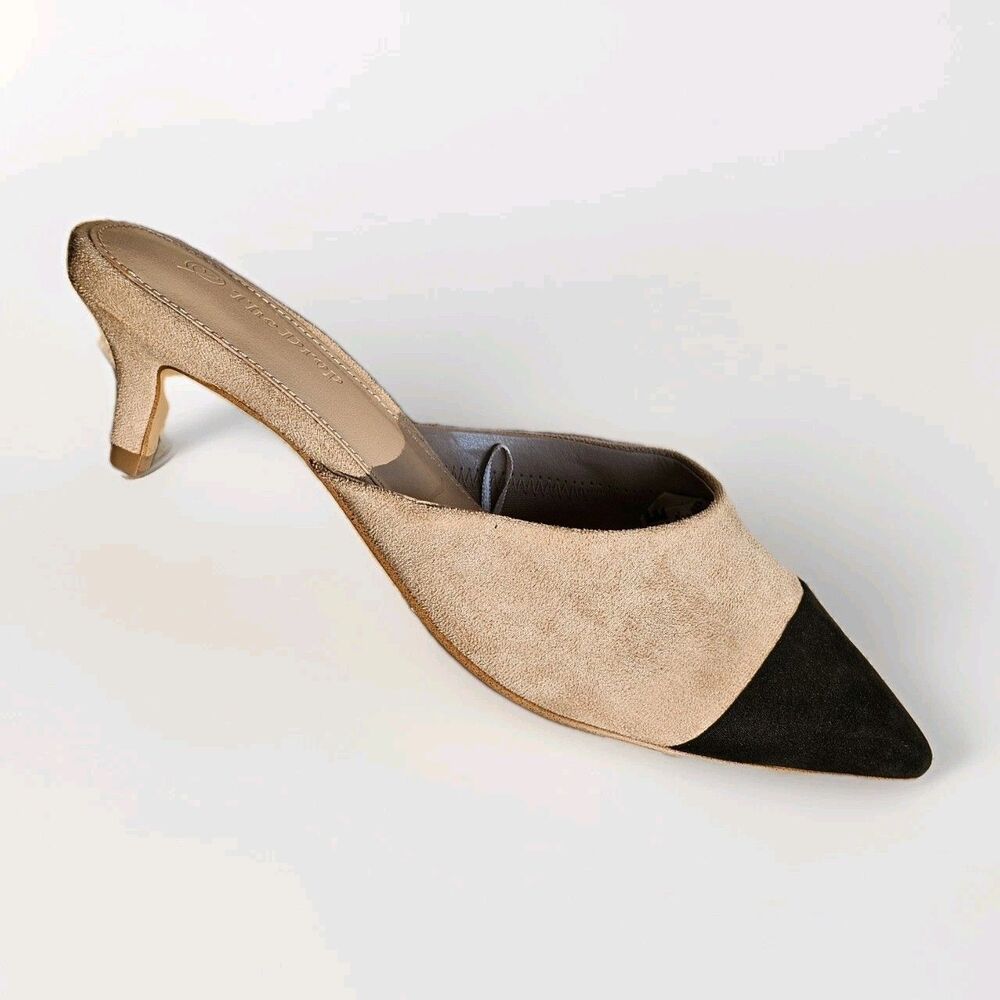 The Drop Paulina Pointed Toe Two-Tone Mule Size 8 Beige Black Kitten Heels